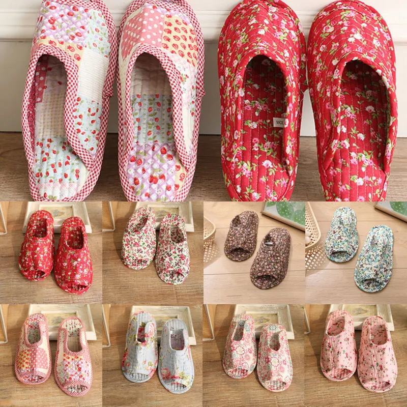 Vintage Floral Home Slippers Spring Autumn Soft Cotton Toe Sole Slippers Women Flat Shoes Indoor Bedroom Slippers Ladies Cotton