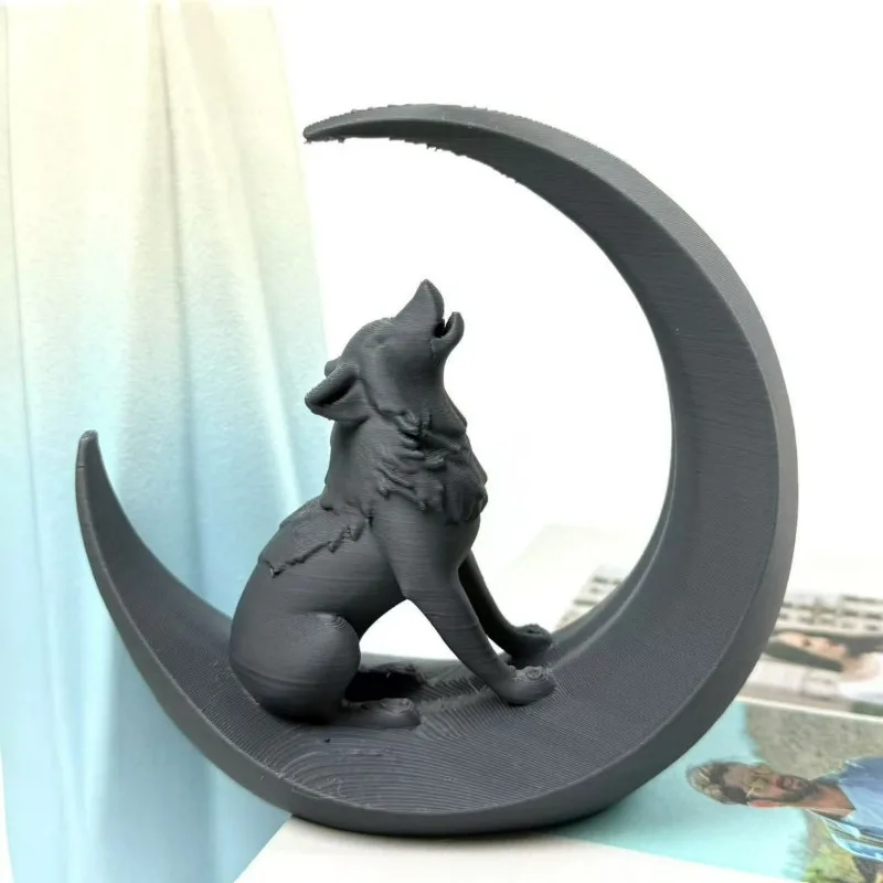 3D Printed Wolf and Moon High Aesthetic Creative Desk Decor Office Tabletop Mini Sculpture Modern Home Desktop Ornament Gift