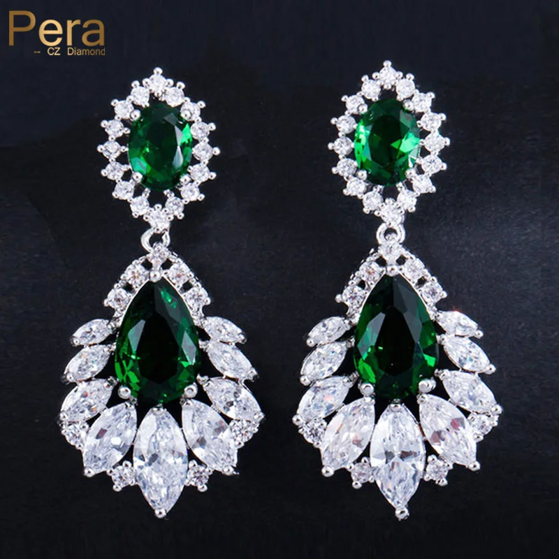 Pera Luxury Silver Color Jewelry Green Long Chandelier Cubic Zirconia Crystal Bridal Wedding Grandi Orecchini Pendenti Per Le Donne E001