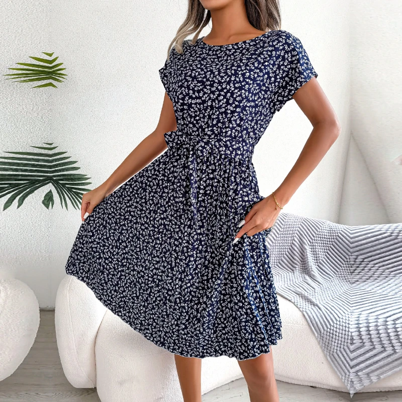 Gaun Berlipat Floral Wanita Gaun Midi Perban Ruched Lengan Pendek Leher-o Kasual Musim Panas Gaun Boho Chic A Line Pantai Wanita 5
