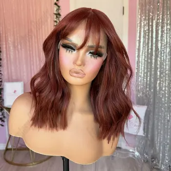 Natural Bangs Hair Glueless Full Lace Front Human Hair Wig For Women Redish Brown Water Wave13x6 360 Lace Front Remy Hair Wig