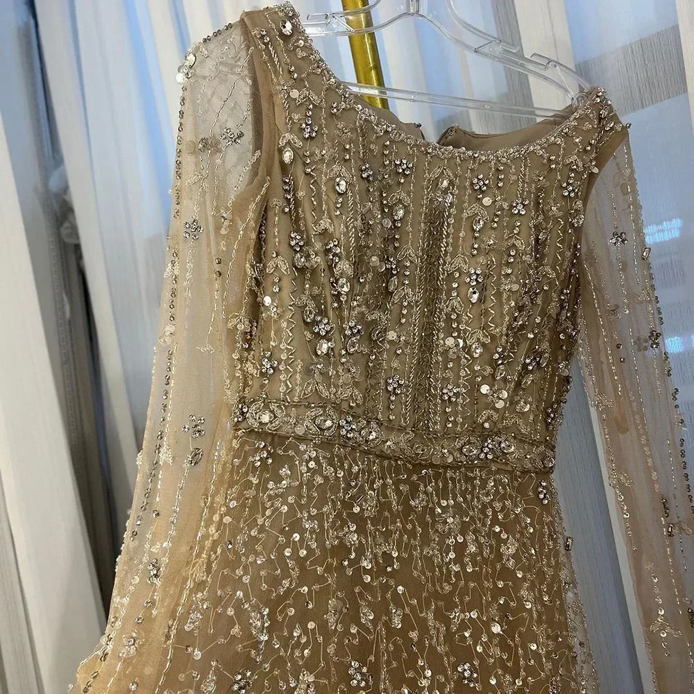 Wasisi Dubai Arabic Nude Designer Luxury Beaded Evening Dresses Customized 2025 Long Sleeves Gowns Wedding Party ELA72088 6