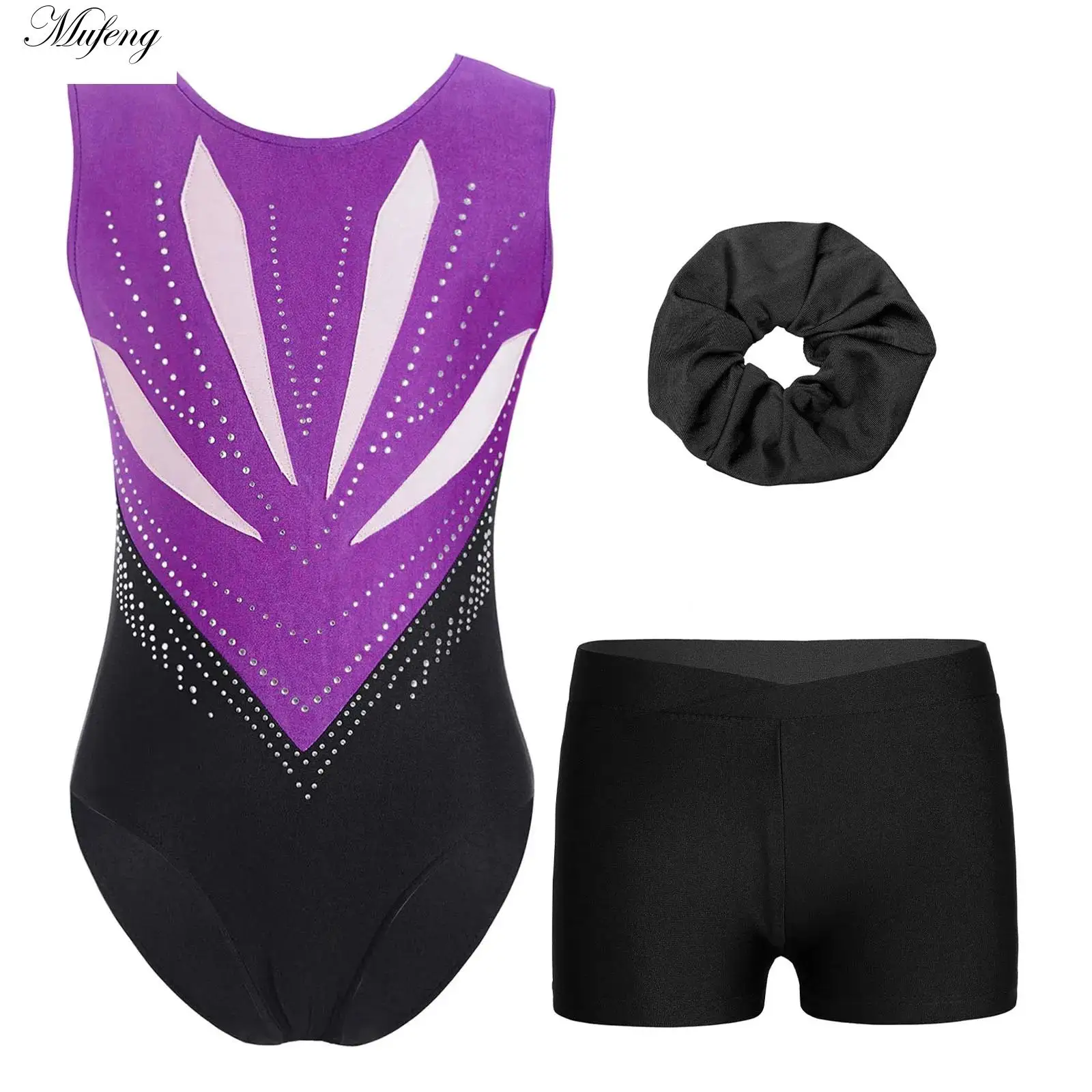 Kids Girls Ballet Leotard Shiny Rhinestone Gymnatics Leotard Bodysuit with Shorts Set Skating Jersey Unitard Dancewear girls dance costumes dance leotard