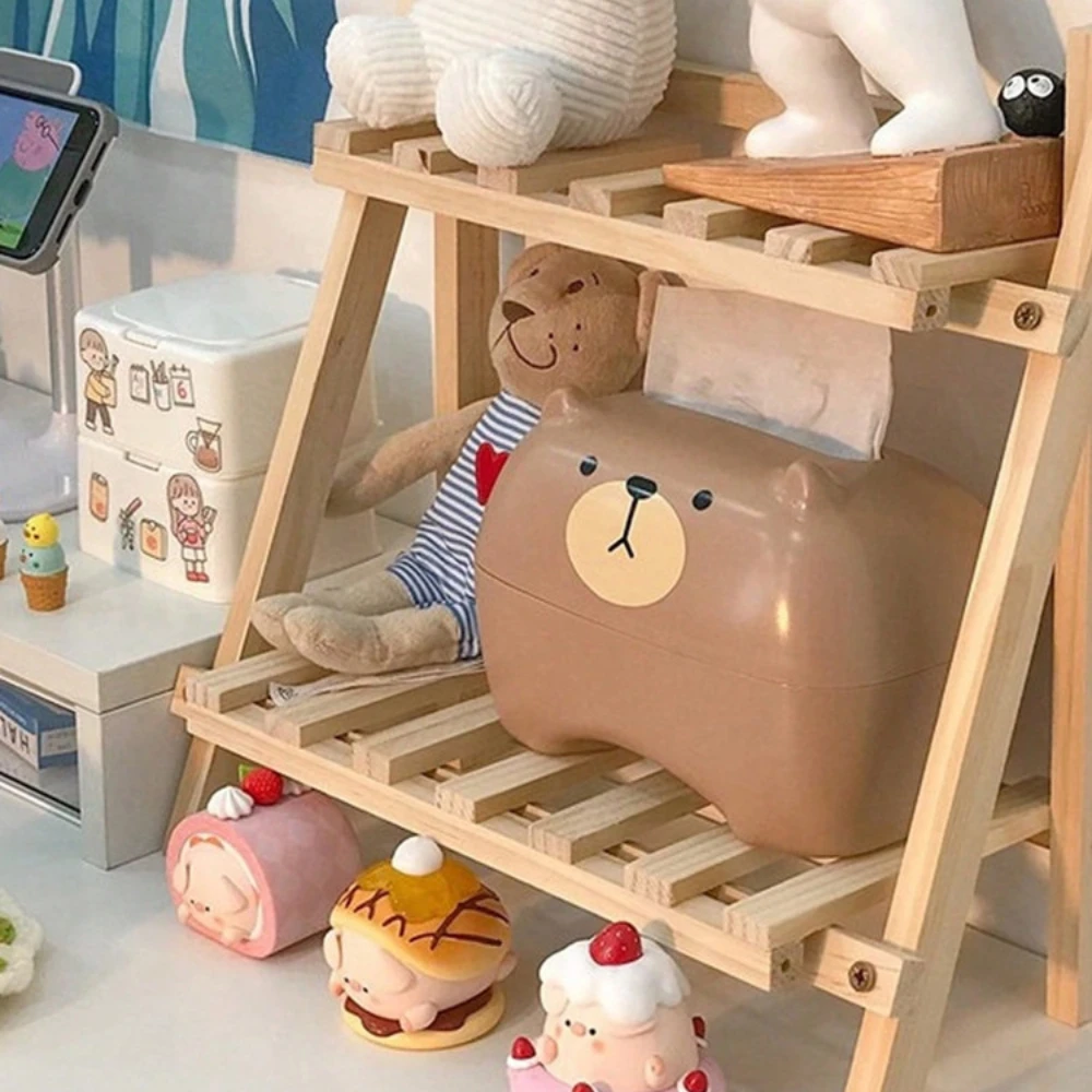 Wooden Storage Shelf 2-Tiers Foldable Organizer Shelves Bedroom Cosmetics Decoration Rack Solid Wood Trapezoidal Display Racks