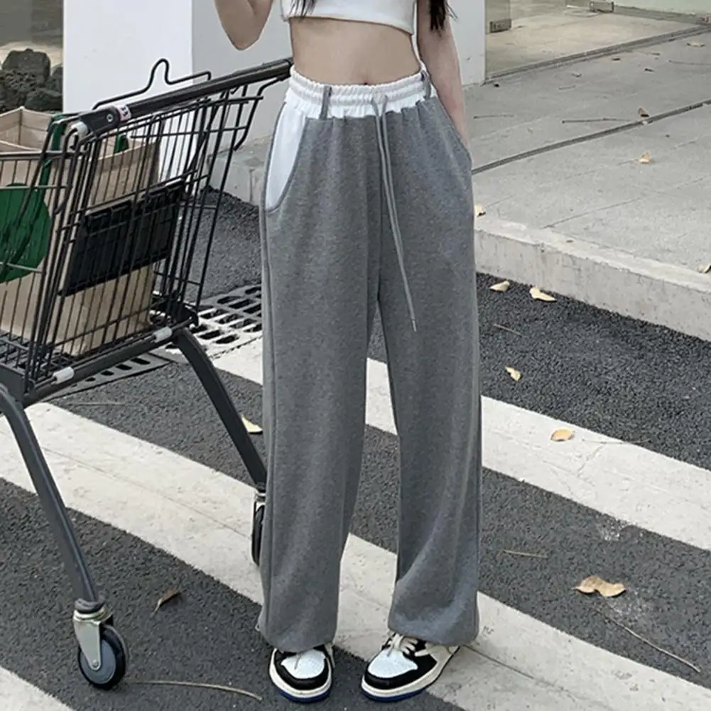 

Women Sweatpants Color Matching Pockets Drawstring Elastic Waist Wide Leg Deep Crotch High Waist Ankle-banded Sports Trousers