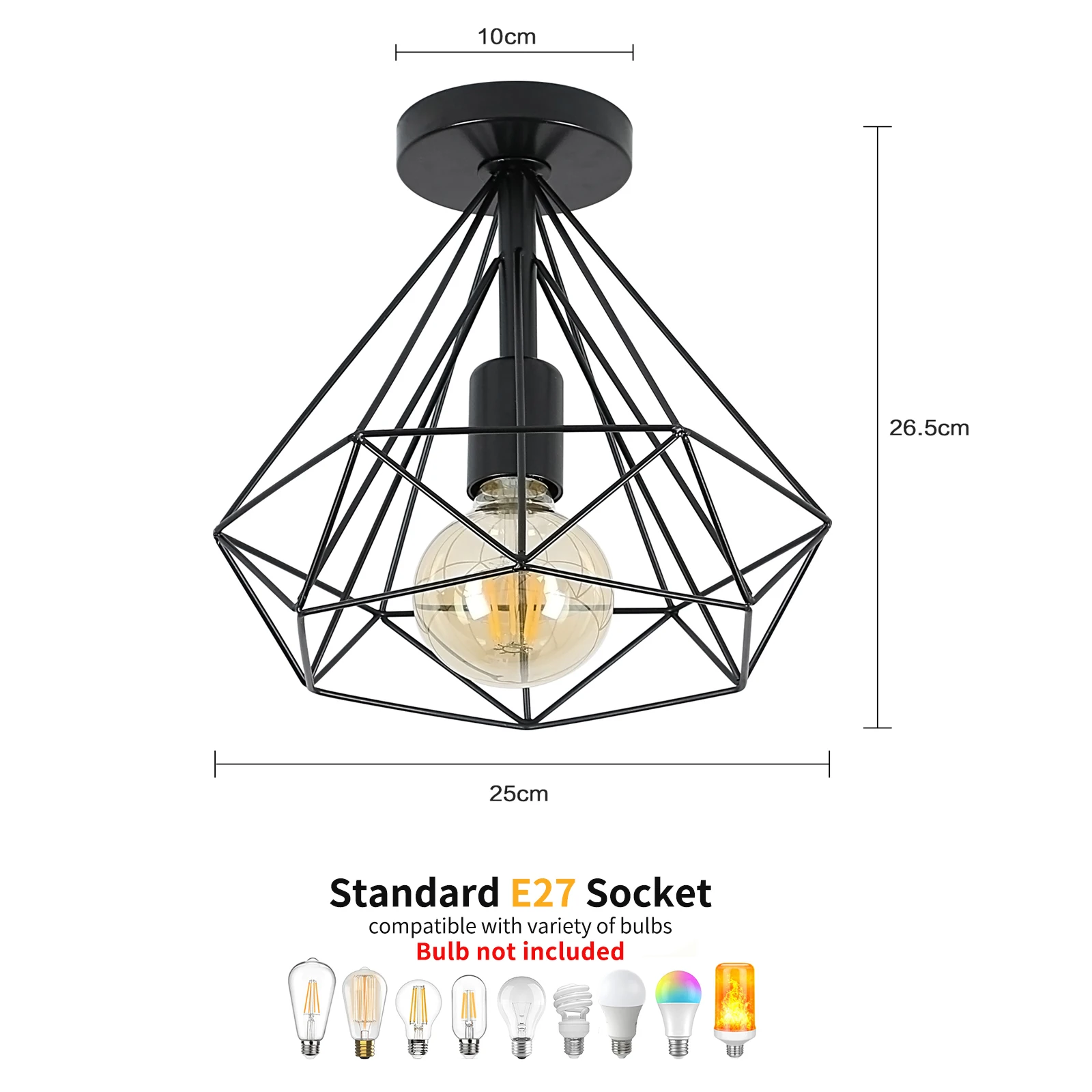 Industrial Flush Ceiling Light, Large Black Metal Cage Ceiling Light Fitting, E27 Socket, Modern Ceiling Light for Hallway, Kitchen, Living Room and Bedroom, Bulb Not Included