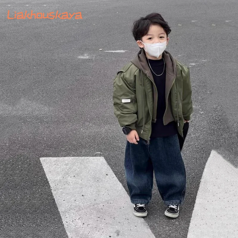 2025년 신상 남아 겨울 자켓 두꺼운 면 패딩 후드 야구 코트 페이크 투피스 용 따뜻한 아동복  남아 상의