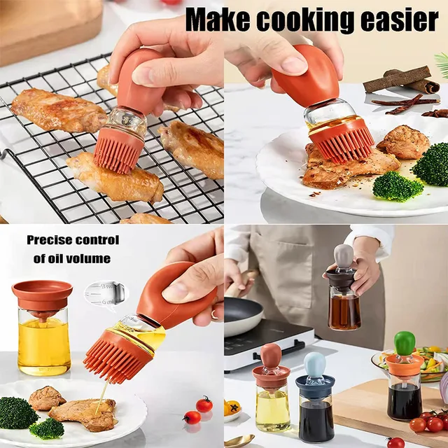 Wiueurtly Oil Brush with Bottle Olive Oil Dispenser Bottle with Silicone Brush 2 in 1 Silicone Measuring Oil Dispenser Bottle for Kitchen Cooking Frying Baking