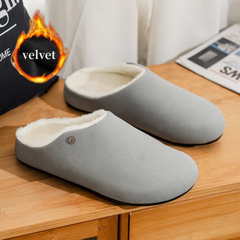 Fashion Gray Winter Slippers For Men Comfortable Velvet Indoor Cotton Shoes Warm Furry Men's Slippers Outdoor Slip-on Shoes Man