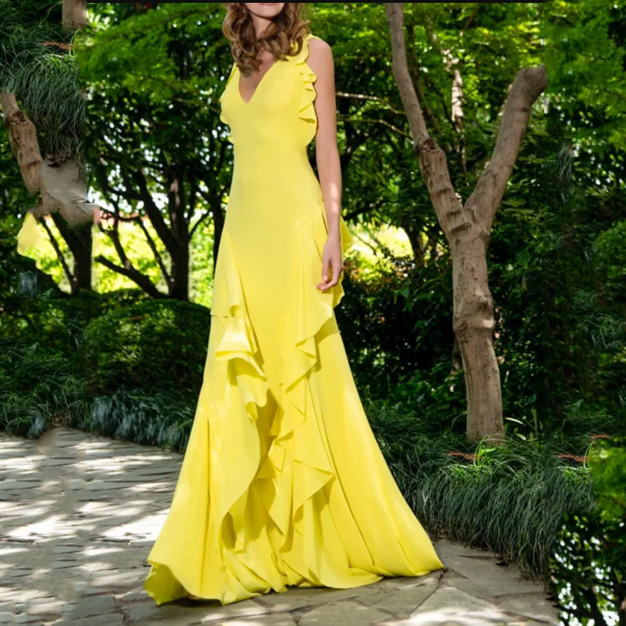 

Элегантное желтое платье для выпускного вечера, вечерние платья с V-образным вырезом, длинное платье-Русалка для женщин