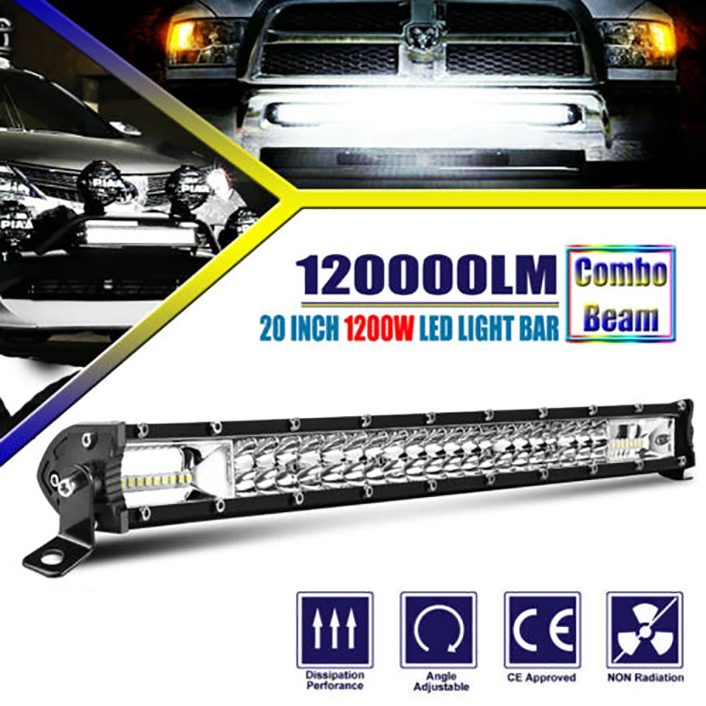 20 Inch Spot Flood Combination Beam LED Work Light Bar 1200W High Power Driving Lights Dual Row Fits 12V, 24V Vehicles