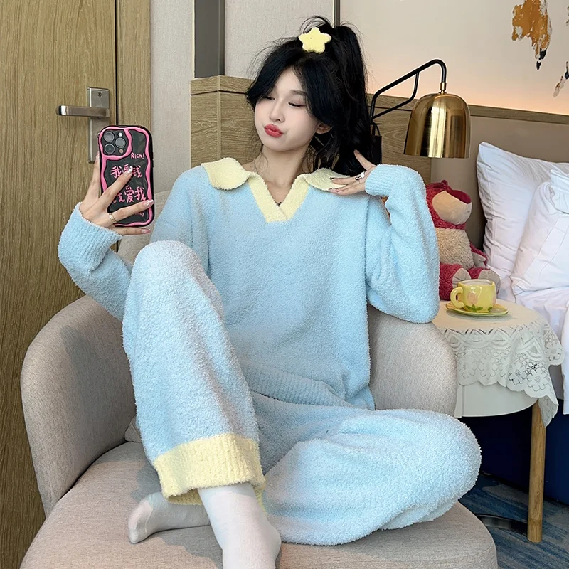 2023 Autumn Winter New Coral Fleece Sleeping Pajamas for Women Fashion Lapel Warm Women's Pajamas Simple Splice Soft Home Wear