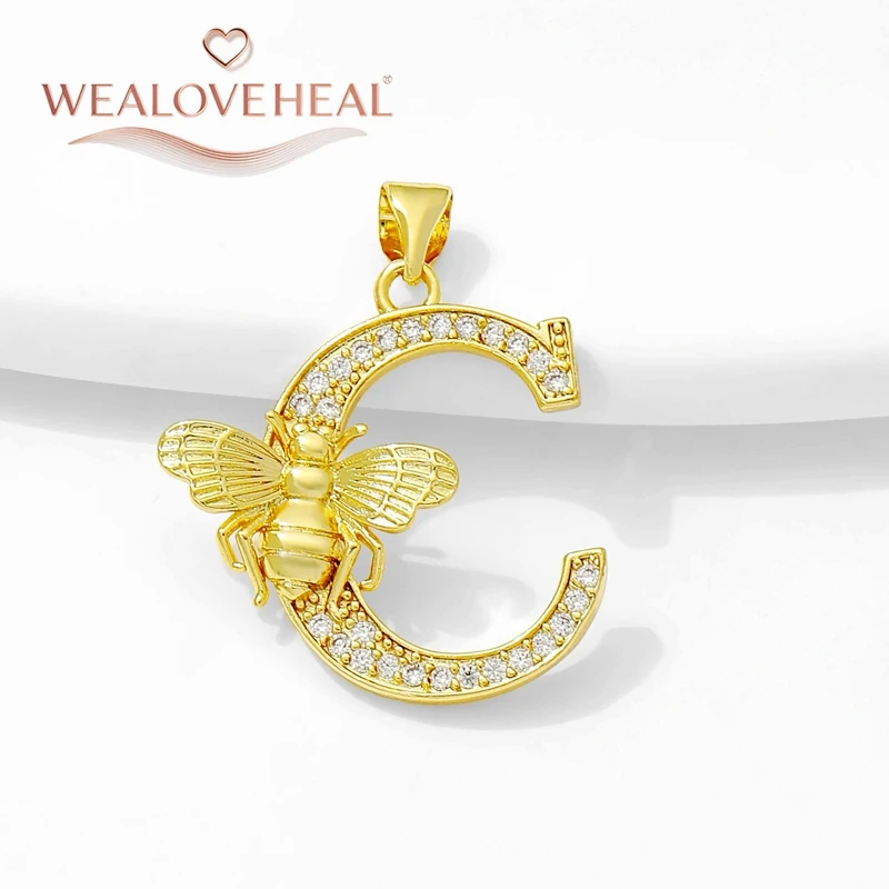 18 Karat vergoldete Bienenbuchstaben-Anhänger-Charms, Messing-Metall eingelegter Zirkon, 26 Initialen-Anhänger für DIY-Halsketten, Schmuckherstellung – Detail 21