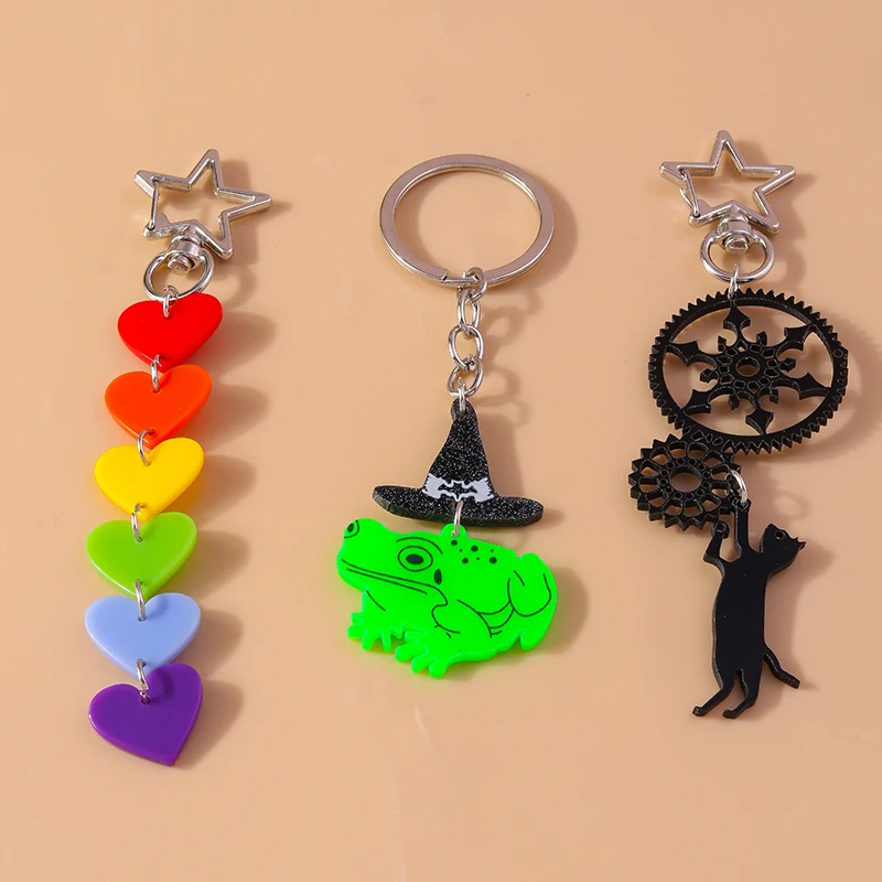 

Cute Animal Cat Frog Keychain Colorful Love Heart Keyring Pendants for Car Key Holder Women Girl Handbag Decor Jewelry Gifts