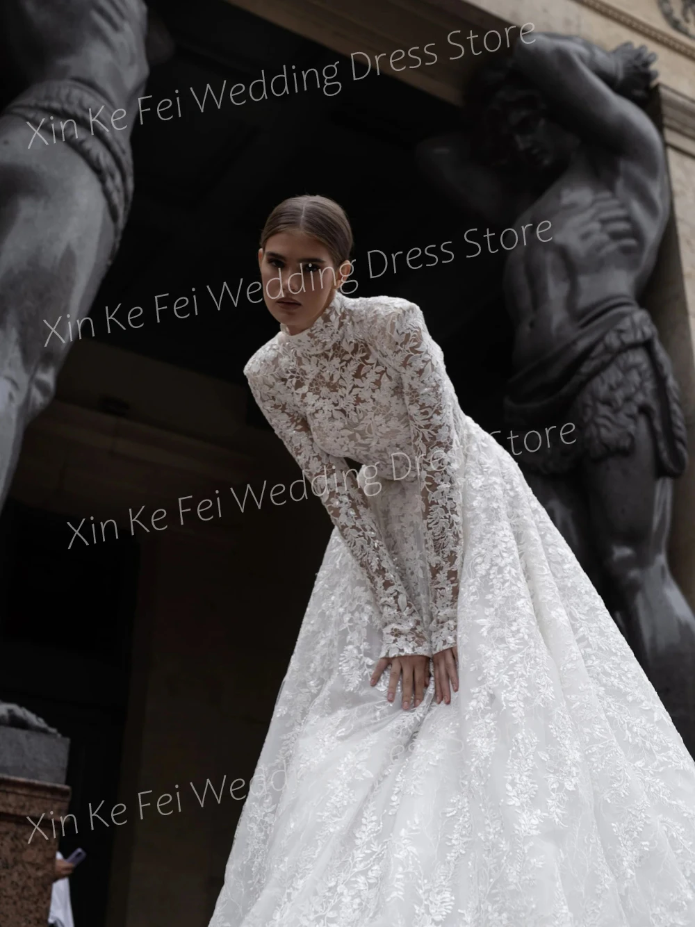 

Sparkly Sequins Wedding Dresses High Collar Long Sleeve Bride Gowns Brush Train A-Line Lace Appliques For Women Illusion 2024