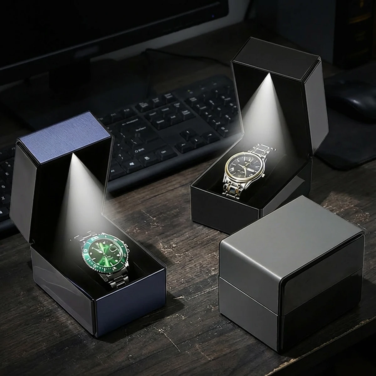 고급 PU 가죽 시계 보관함 LED 조명 포함 조개형 싱글 시계 케이스 선물 포장 상자