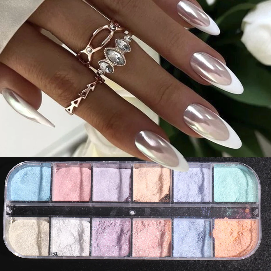 12 Colors Aurora Nail Powder Glitter Pigment White Mirror Iridescent Fairy Fine Chrome Reflective Rubbing On Dust Manicure Decor