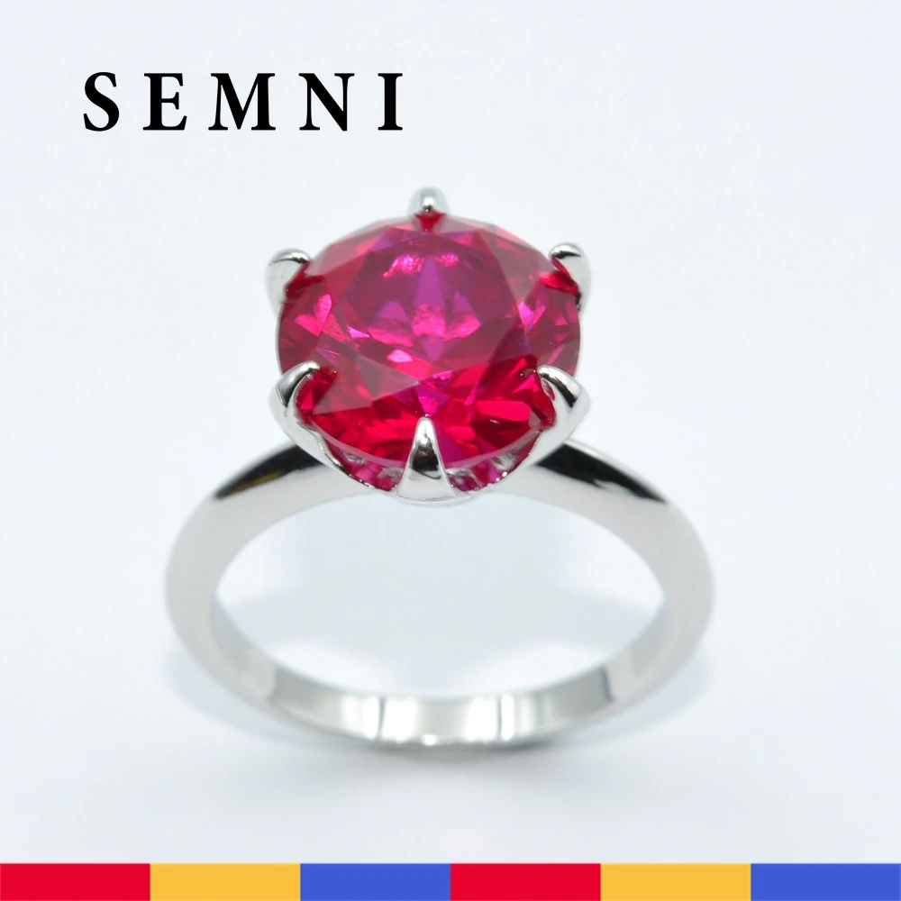 

SEMNI 11mm Round Cut Six Claw Ruby Sapphire Ring For Women Rhodium Plated 925 Sterling Silver Anillos Engagement Gift Fine Jewel