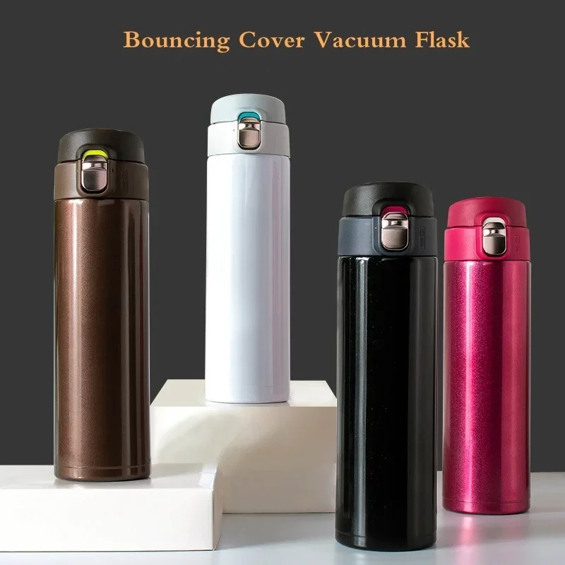500ml Stainless Steel Bouncing Cover Vacuum Flask Thermos Cup for Coffee, Tea, and Milk Insulated water bottles Practical Beach Essentials
