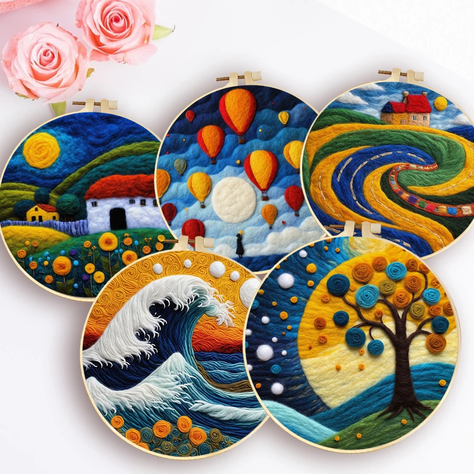 Creative Felting Painting For Beginner DIY Wool Embroidery Kit Tree Scenery Wool Needle Felt Picture Kit Craft Painting Gift