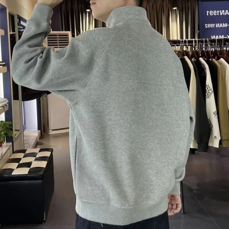 Autumn Winter New Solid Color Fashion Long Sleeve Sweatshirts Man High Street Casual Loose Zipper Thicken Warm Y2K Pullovers