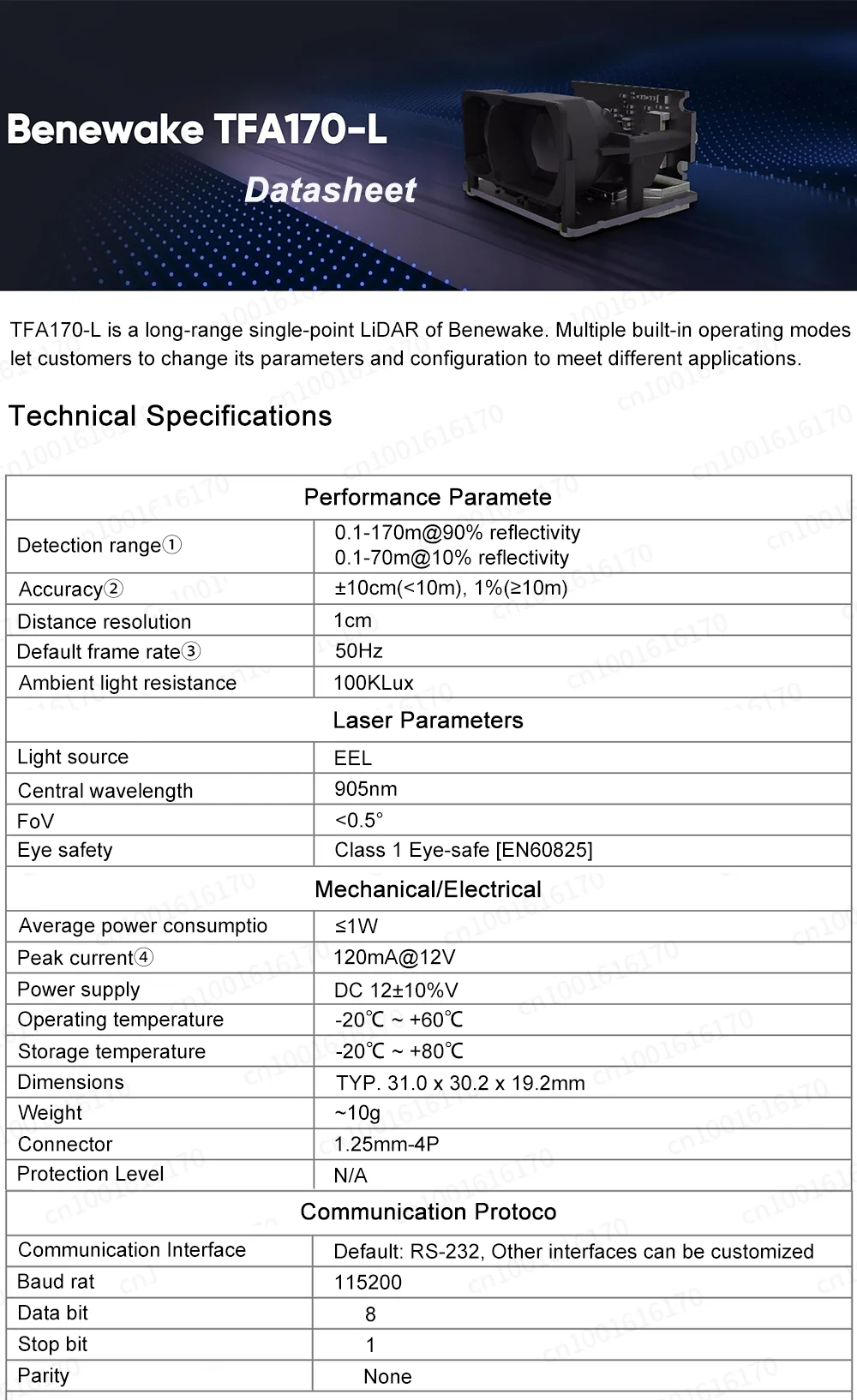Benewake TFA170-L LiDAR Sensor 170M Long Distance Single Point Small Radar High-