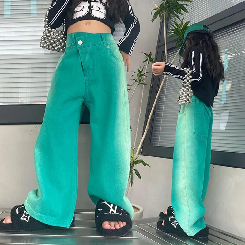 

Джинсы для девочек на весну и осень, Свободные повседневные модные широкие штаны для детей, универсальные модные турнирные брюки для подростков и детей 13-14 лет