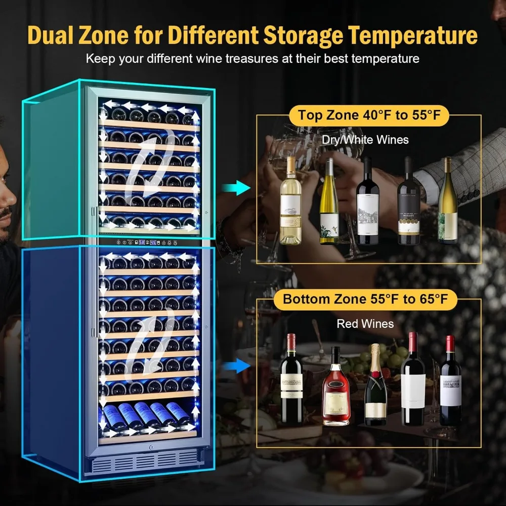Large Wine Fridge Dual Zones, Tall Freestanding/Built-in Wine Cellar Professional with Reversible Door Sliding Rail Shelves