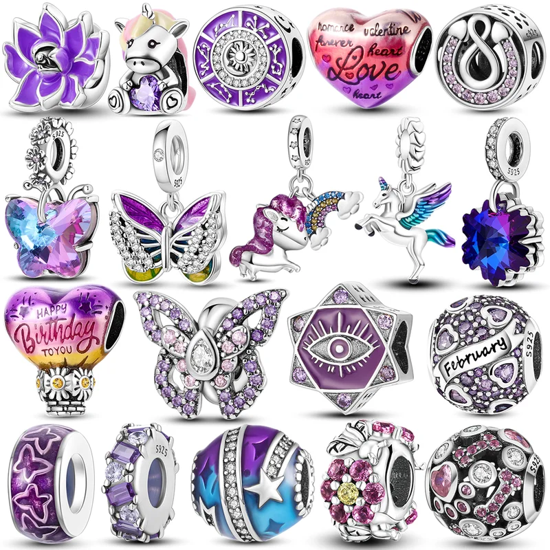 

925 Silver Purple Series Beads Clip Flower Heart Star Charms Butterfly Grapes Dangle Fit Original Pandora Bracelet Jewelry Gift
