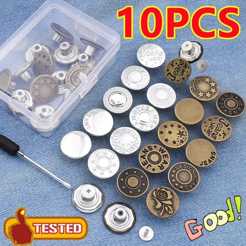 Jeans Button Replacement Kit - 10PCS No-Sew Metal Button Set with Easy Attach Pins