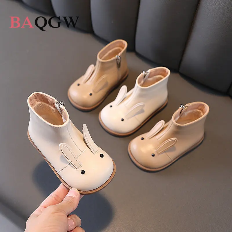 Cartoon Rabbit Children Boots Genuine Leather Cute Kids Shoes Winter Warm Plush Girls Sneakers Boy\'s Casual Flats Boots