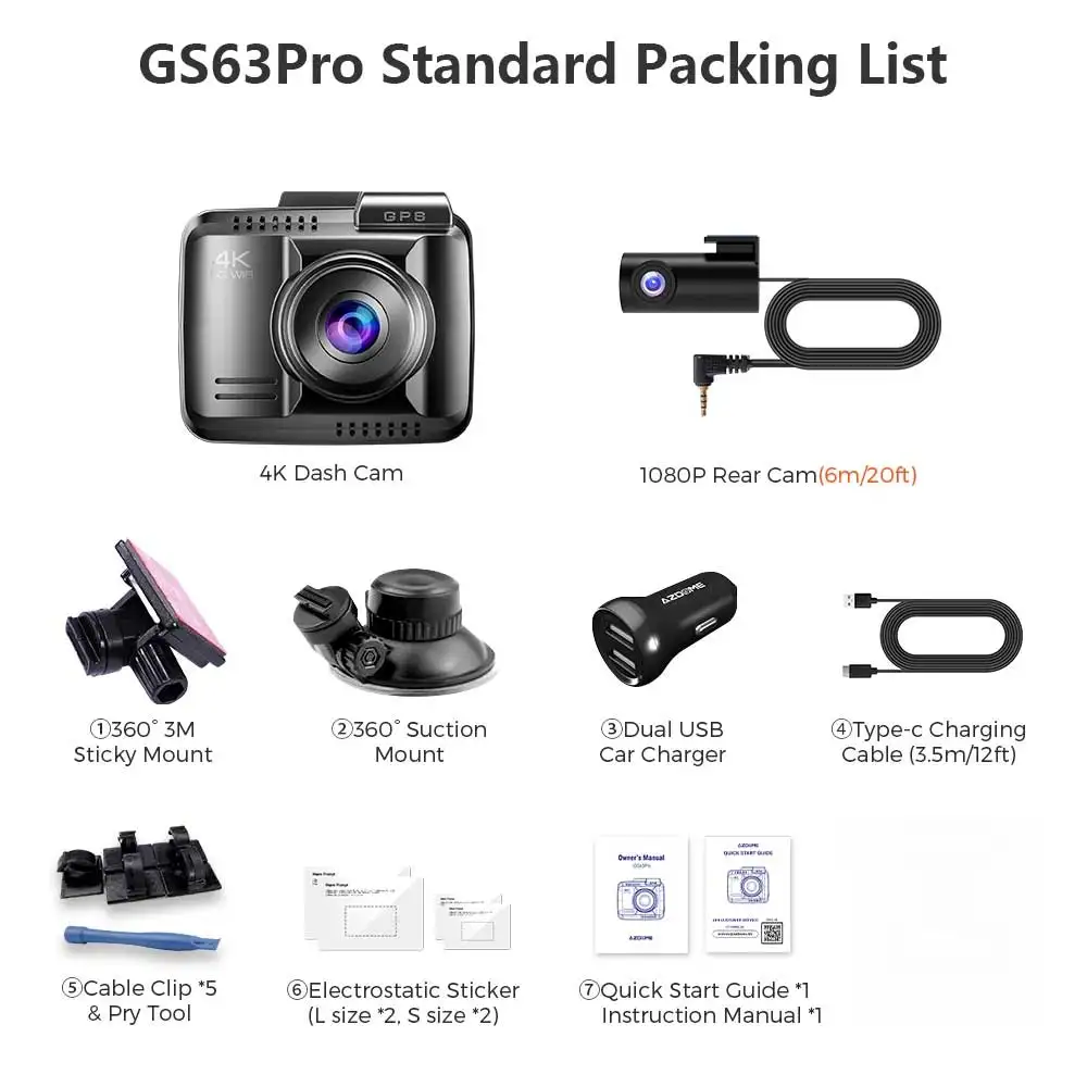 AZDOME  DVR GS63H  4K UHD  ķ, 1080P ĸ ī޶, GPS , 5.8GHz   ȳ, ߰ ð, 24 ð  