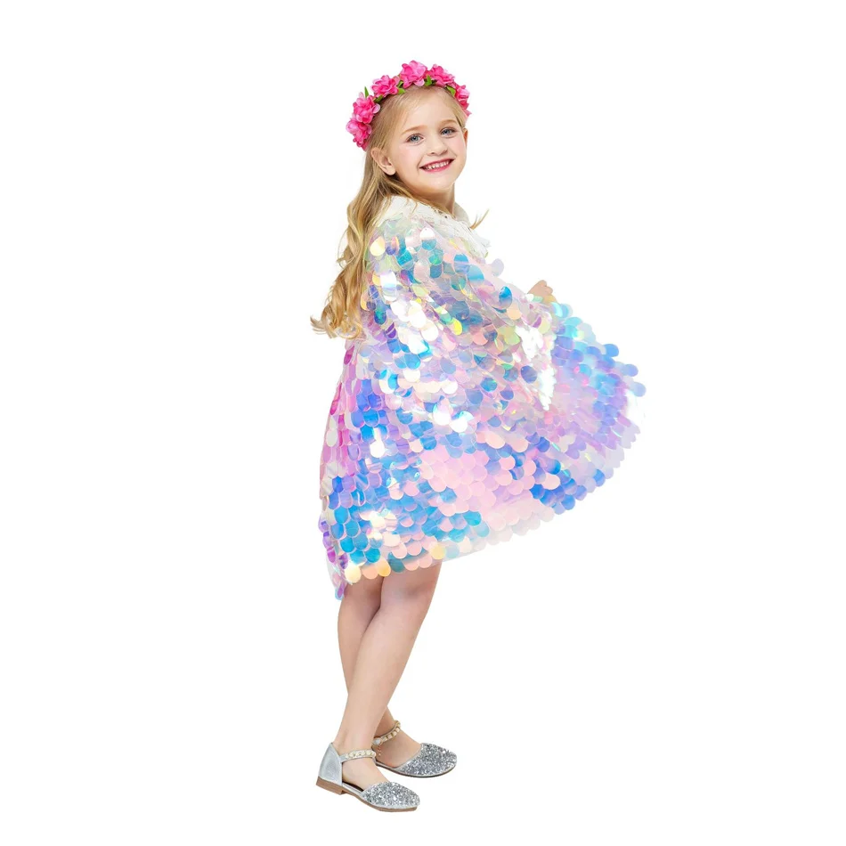 Girls Mermaid Shiny Sequin Cloak Kids Ariel Princess Mantle Dress Glitter Shawl Costume Children Blingbling Cape Accessory