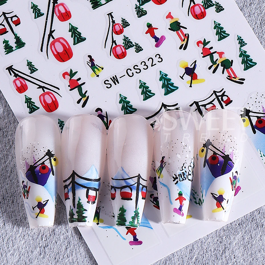 2pcs Christmas Nail Stickers Winter Tree Snow Mountain Cable Car Skiing Flying Birds Nail Decals Sliders DIY Manicure Decoration