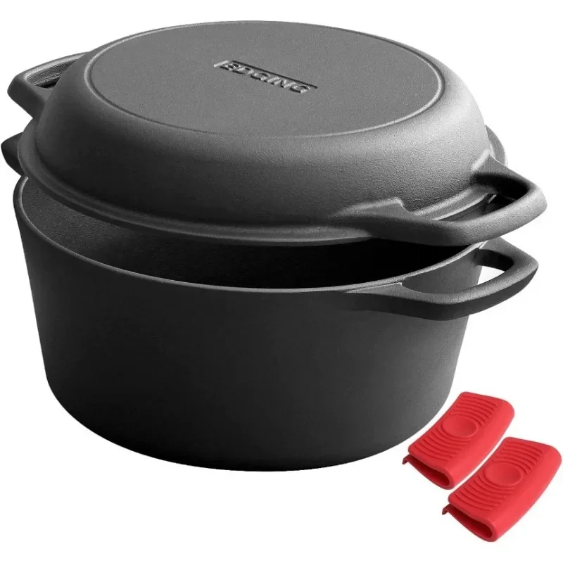Cast Iron Dutch Oven Pot with Skillet Lid Cooking Pan Cast Iron Skillet Cookware Pan Set with Dual Handles Indoor Outdoor cast iron dutch oven