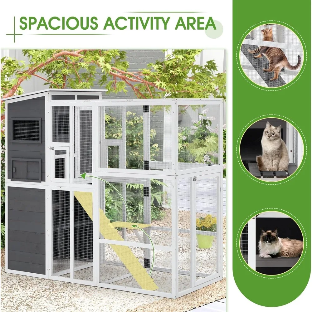 Catio Outdoor Cat Enclosure with Weatherproof Roof, Large Outdoor Cat House, Design for Cats on Your Patio
