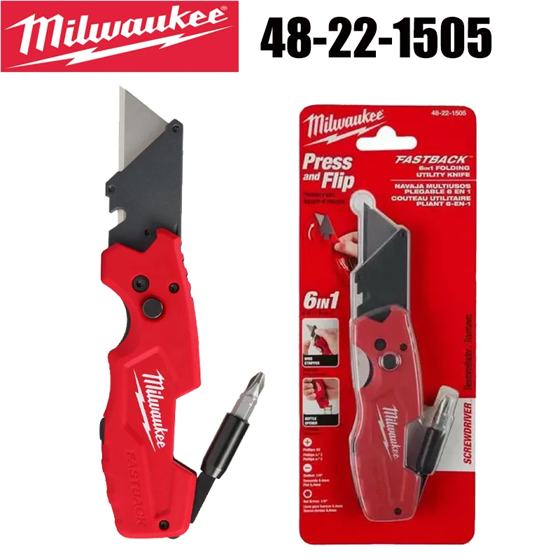 Folding Utility Knife Milwaukee 48-22-1505 FASTBACK&trade; 6IN1 Folding Utility Knife Wire Belt Clip Reversible Phillips Replaceable Tool Knife