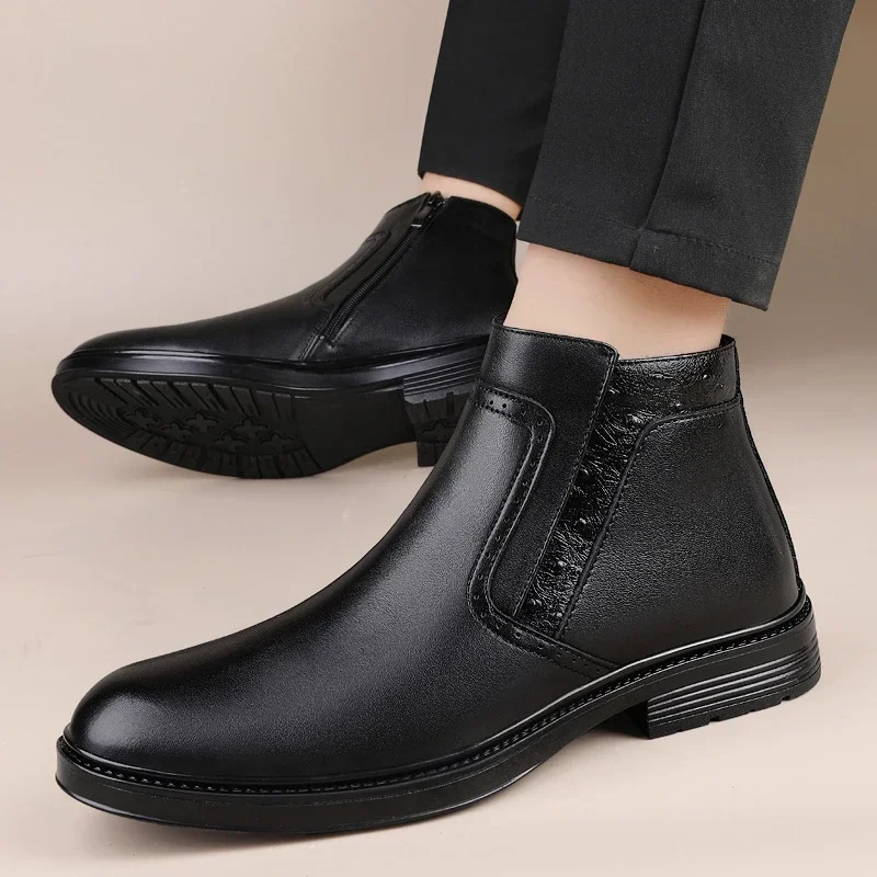 Shoes for Men 2023 Fashion Zipper Men's Boots Winter Round Toe Solid Plush Warm Short Barrel Chunky Heels Large Size Naked Boots