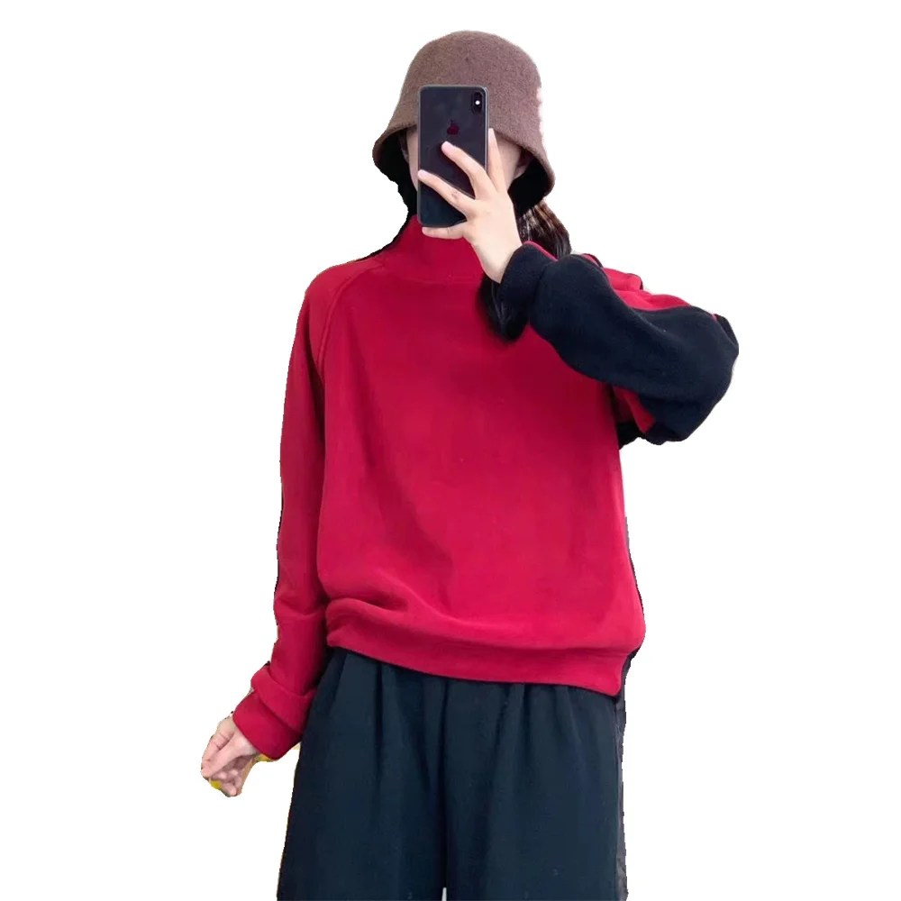 Korean Version of Artistic and Casual Retro Style Thickened Half High Collar Double-sided Color Patchwork Raglan Sleeves Hoodie