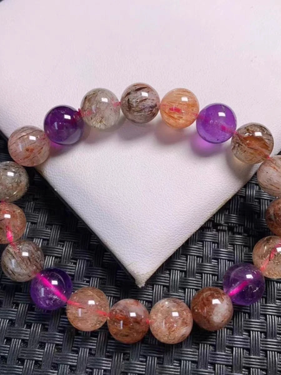 Natural Super Seven 7 Rutilated Red Lepidocrocite Quartz Bracelet 10mm Clear Round Beads Crystal Women Men AAAAA