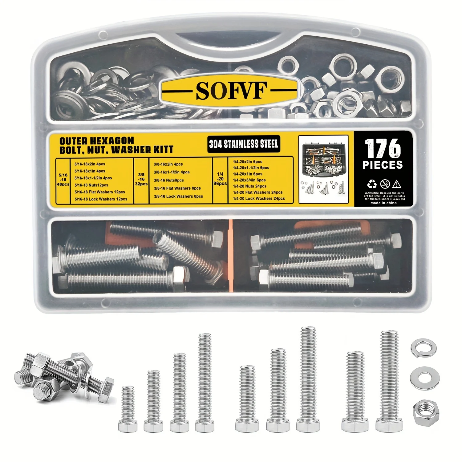 Imperial Hex Bolts Kit Stainless Steel Screws Nuts Washers 176Pcs for Machinery Industry Automotive and Heavy-Duty DIY