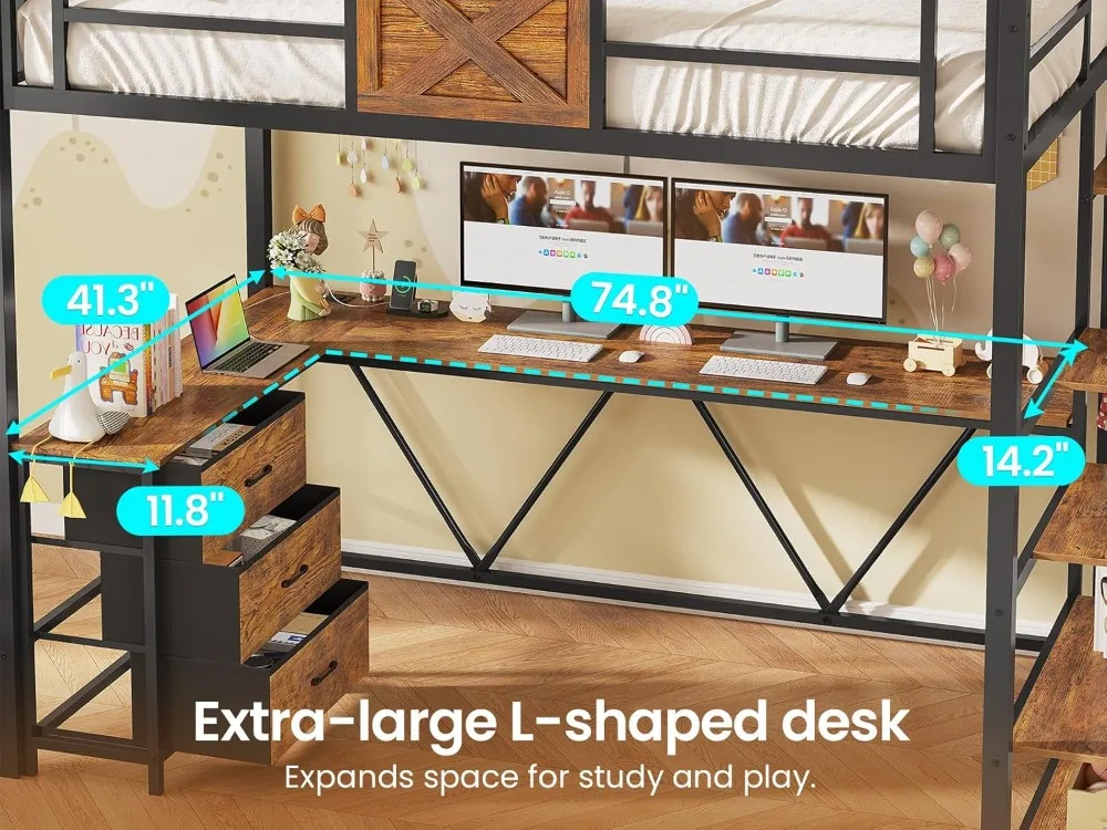 Twin Loft Bed with L-Shaped Desk, Wardrobe & Storage Stairs, LED Lights & Charging Station, Rustic Brown