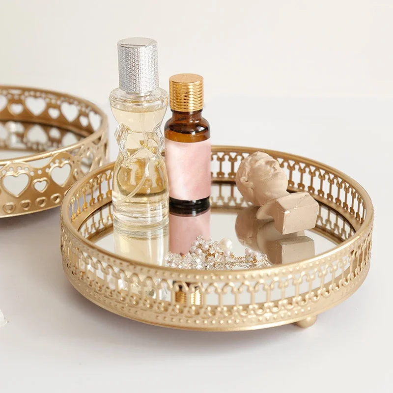 Retro Style Golden Iron Delicate Glass Mirror Base Tray Desktop Jewelry Cosmetic Storage Bedroom Dessert