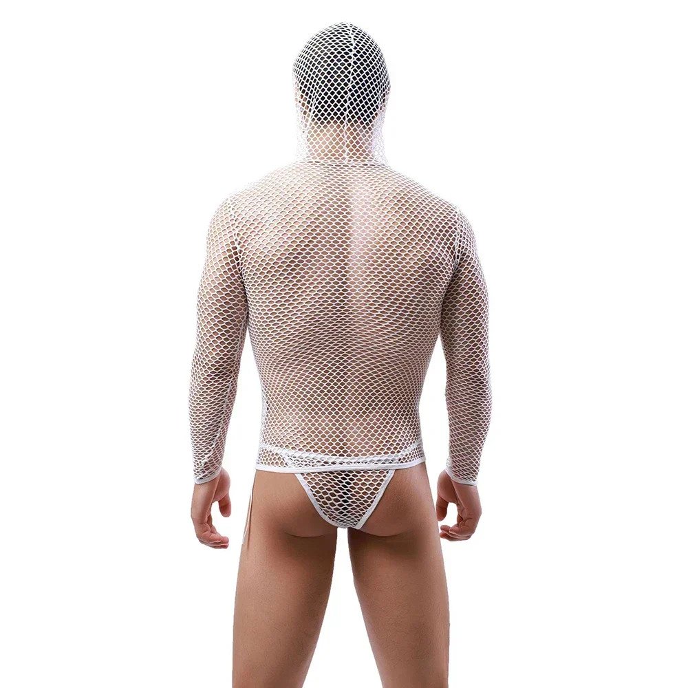 Sexy Men Hooded Fishnet Undershirts Mesh See Through Long Sleeve Hooded T-shirts Briefs Panties Underwear Mesh Sheer Man Clothes