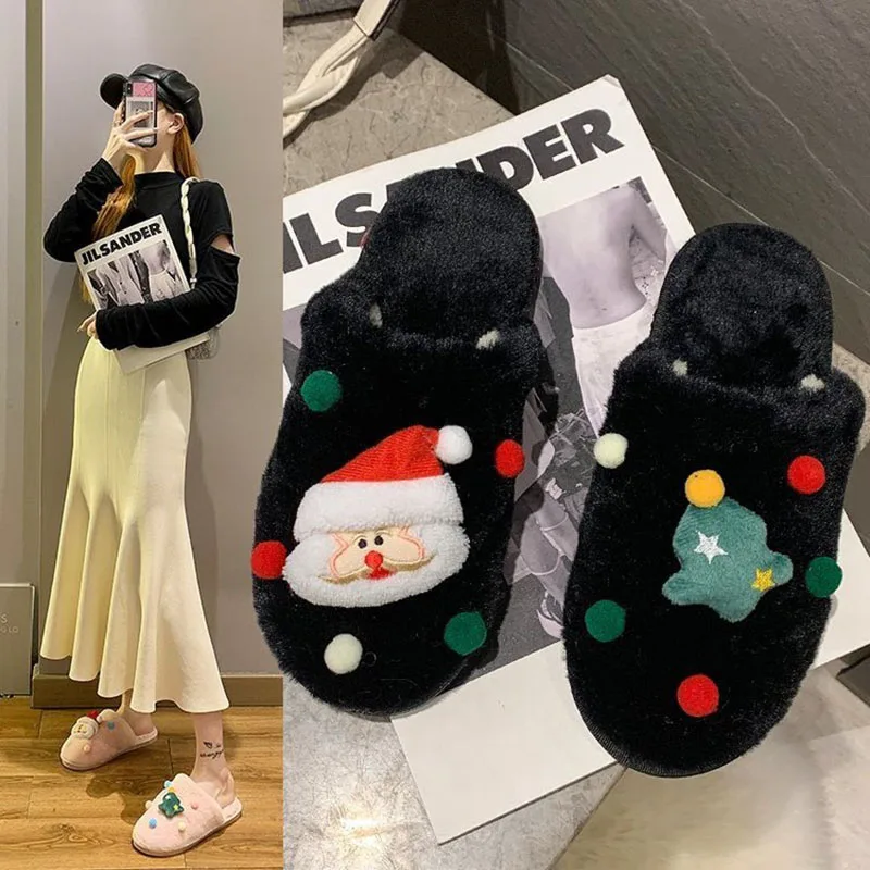 Christmas Cotton Slippers Women Shoes Winter Comfort Slides Plush Thicken Original Ladies Shoes Warm Plush Woman Cotton Slippers