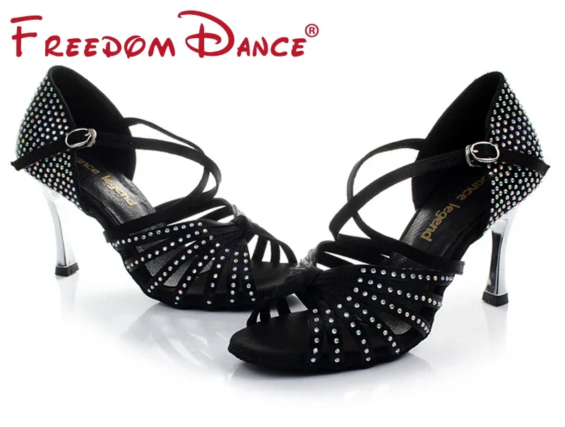 Dance Shoes Satin Upper Rhinestones Women Latin Dance Shoes Ballroom Shoe Sandals 3.45" Gold Heel Girls