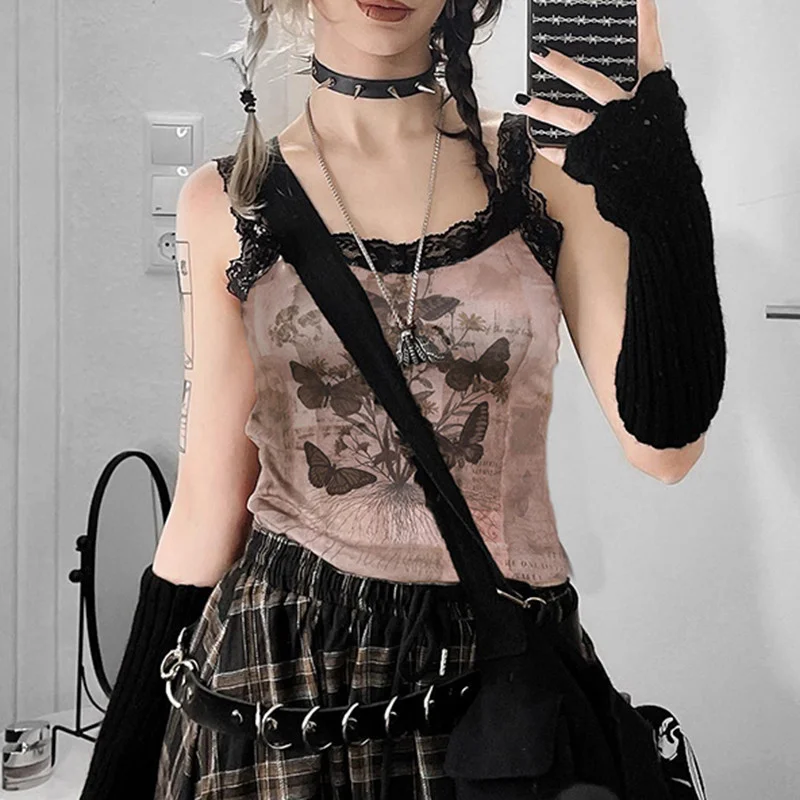 

Butterfly Print Vintage Grunge Cami Top Lace Trim Cute Y2K Crop Tops Women Aesthetic Goth Sleeveless Slim Tank Vest