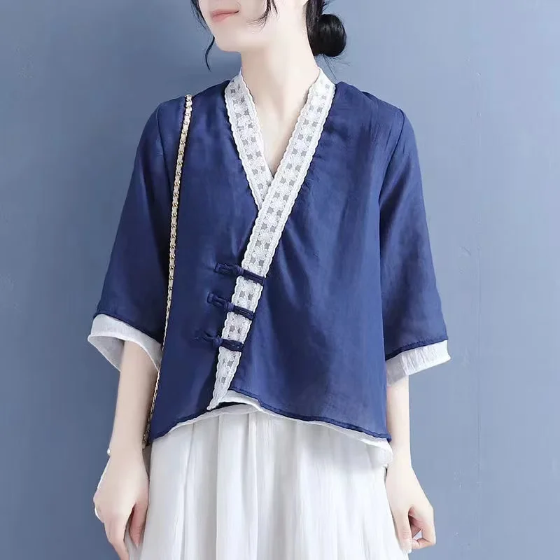 Blusa de lino para mujer, ropa tradicional china, Top Vintage, traje Tang de verano, 2024
