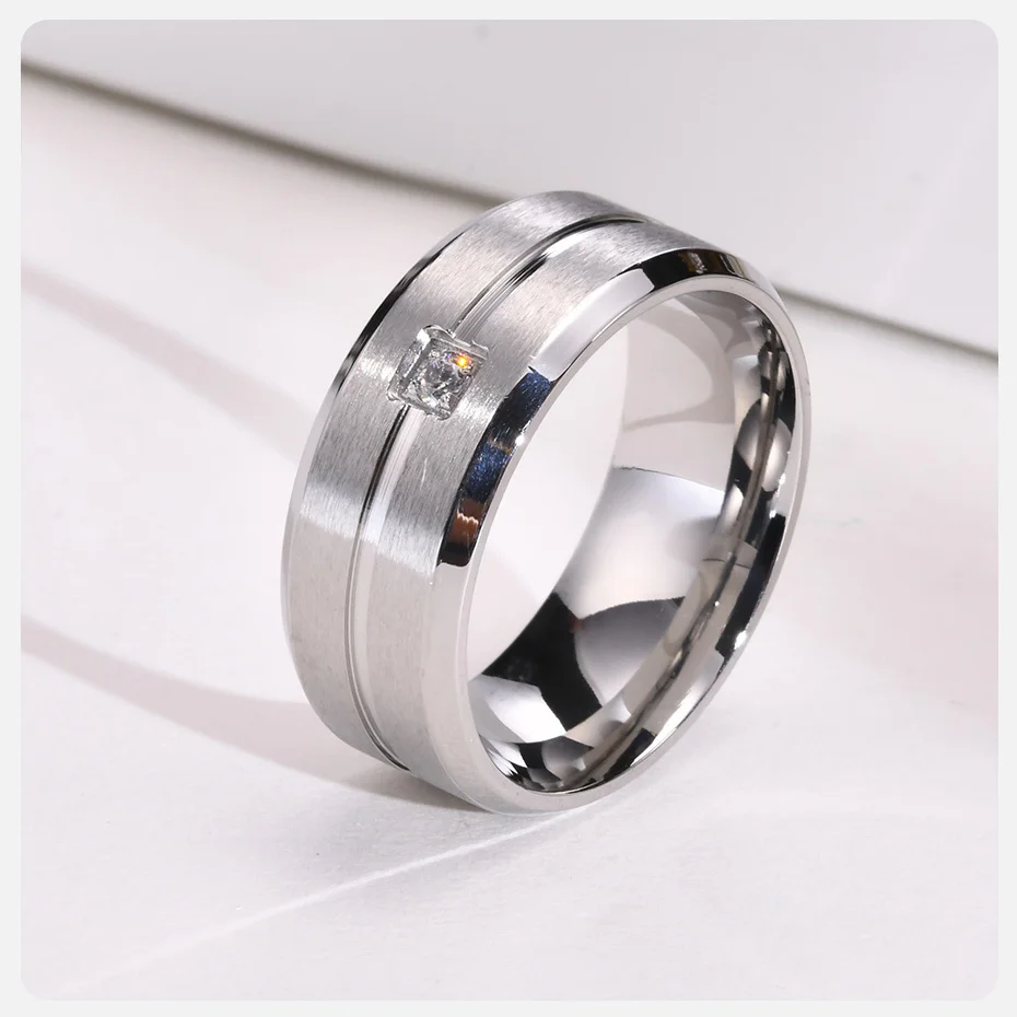 Vnox 8mm Männer Wedding Band, AAA CZ Stein Solitaire Ring, matte Edelstahl Rillen Linie Ring, Einfache Casual Bräutigam Ring – Detail 7
