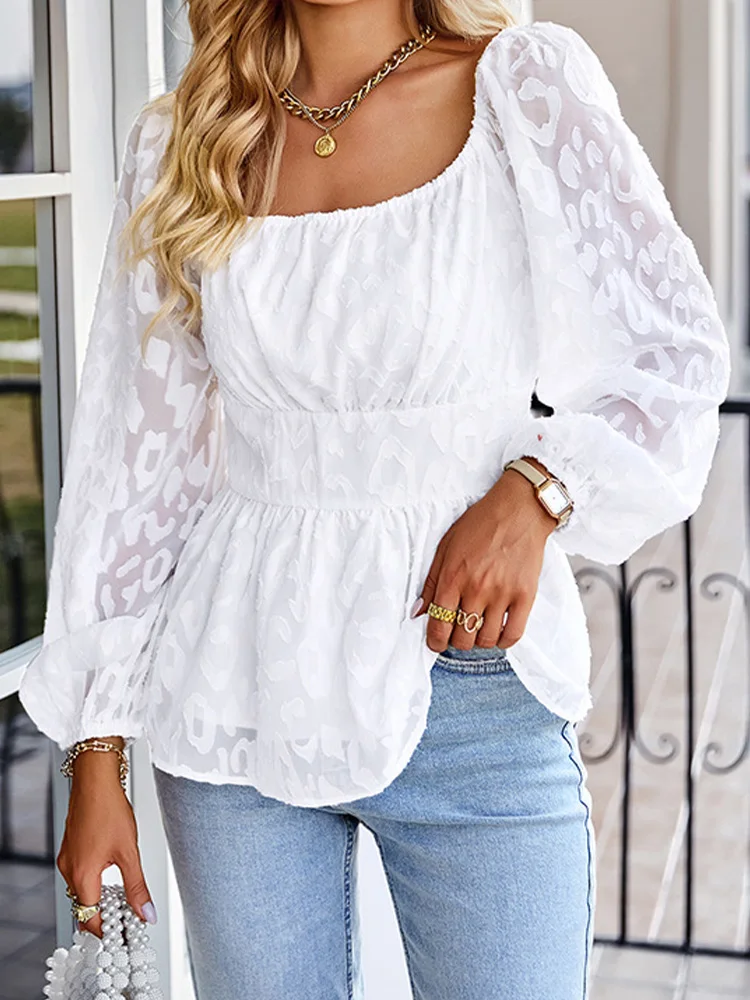 

Элегантная блузка во французском стиле, Женская Весенняя рубашка с квадратным воротником и рукавами-фонариками, повседневный модный прозрачный шифоновый жаккардовый пуловер